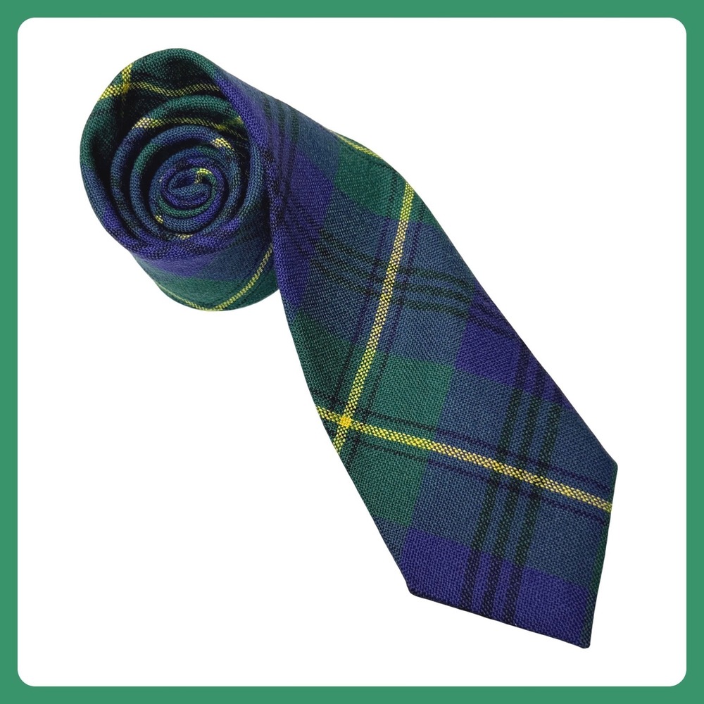 Johnston Tartan Plaid Tie Necktie Men Green Blue 100% New‎ Wool Scotland Vintage